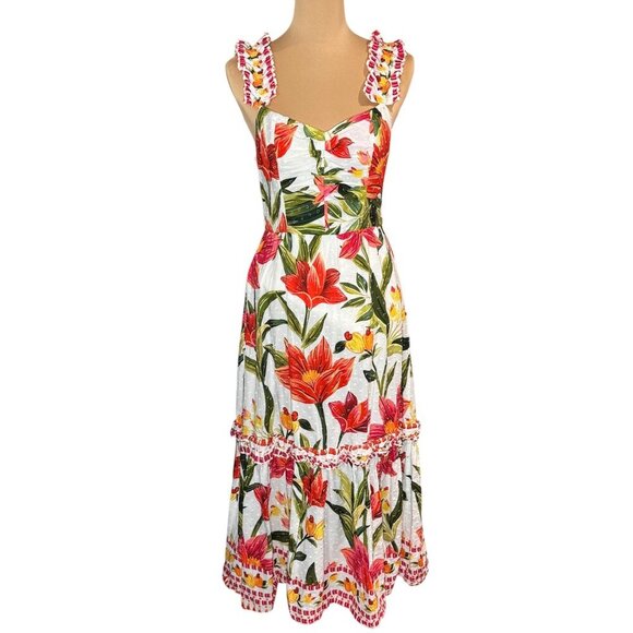 FARM RIO Cashew Floral Tiered Midi Dress Sz.M White Ruffle Garden Tropical - Picture 2 of 15